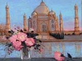 un tableau représentant un vase de fleurs devant le Taj Mahal