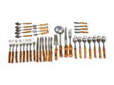 an image of a set of silverware with wooden handles and spoons