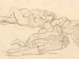 drawing of two nudes lying on the ground, one of them is laying down
