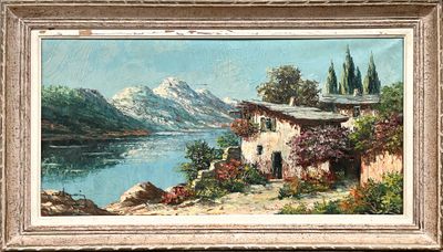 an oil painting of a house by a lake with mountains in the background