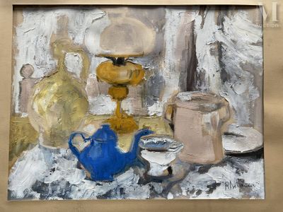 un tableau représentant une théière bleue et une théière bleue posées sur une table