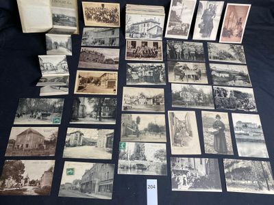 several old black and white photographs of buildings and buildings on a table