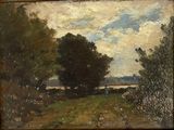 l'image d'une peinture d'un champ avec des arbres en arrière-plan