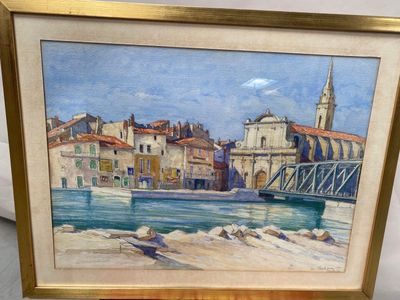 tableau représentant une vue d'une ville avec un pont enjambant un plan d'eau