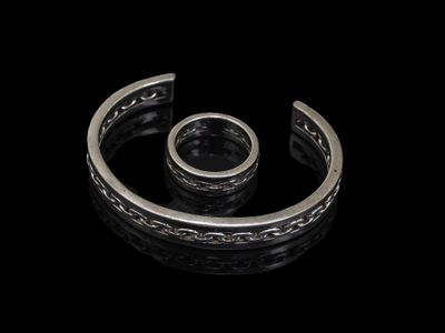 un gros plan sur une paire de bagues en argent posées sur une surface noire