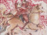 un dessin représentant un homme à cheval accompagné d'un chien