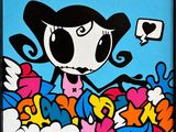 painting of a cartoon girl with a heart in her hand on a blue background