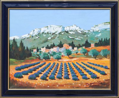 an oil painting of a lavender field with a mountain in the background
