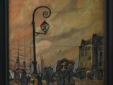 peinture d'une scène de rue avec des personnes marchant dans la rue