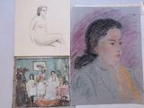 a drawing of a woman sitting in a chair next to a drawing of a woman