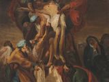 un tableau représentant un groupe de personnes rassemblées autour d'un individu crucifié