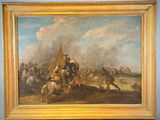 painting of a group of men riding horses in a field with a sky background