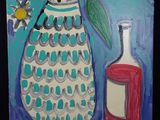 un tableau représentant un vase avec des fleurs et une bouteille de vin