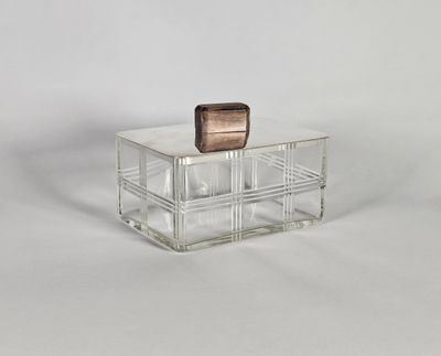 boîte rectangulaire en verre transparent avec un couvercle en métal, sur fond blanc