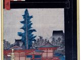 une image représentant un tableau représentant un paysage japonais avec un homme debout sur un pont