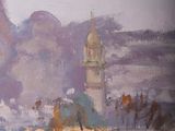 painting of a view of a mountain with a clock tower in the distance