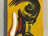 un tableau représentant un chat avec une banane sur un fond jaune