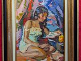 tableau représentant une femme en robe blanche tenant un verre de jus d'orange