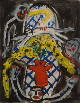 an image of a painting of a clown holding a vase of flowers