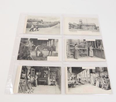 six black and white photographs of people in an old factory