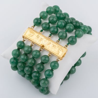 Large bracelet 5 rangs boules pierres vertes, fermoir or 22 …