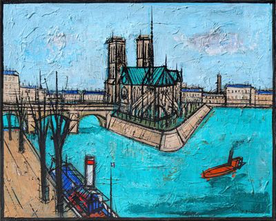 painting of a painting of a boat in a river with a cathedral in the background