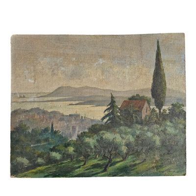 un tableau représentant un paysage avec des arbres et des bâtiments au loin