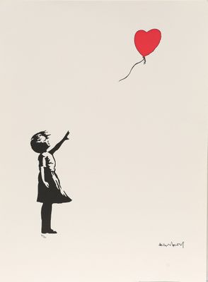a black and white drawing of a girl holding a red balloon