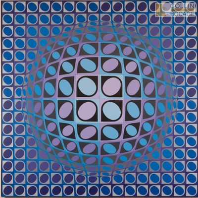 une image représentant un tableau avec un motif géométrique bleu et violet