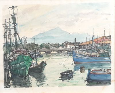 a painting of boats in a harbor with mountains in the background