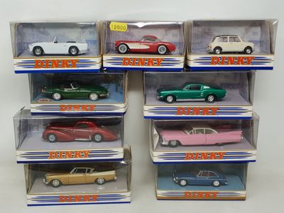 six different models of cars in a display case