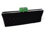 black leather wallet with a green logo on the front of it