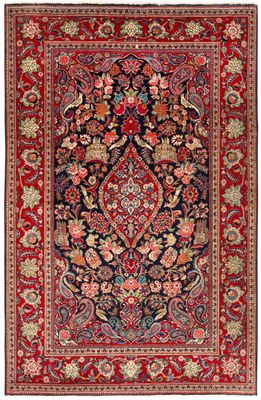 a red and black rug with a floral design