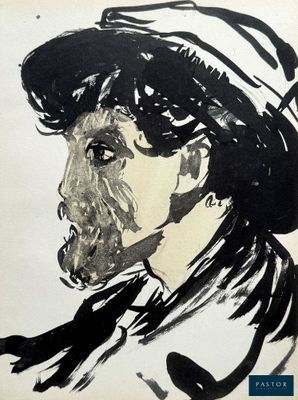 un dessin en noir et blanc représentant un homme coiffé d'un chapeau