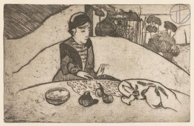 drawing of a woman sitting at a table with a plate of food in front of her