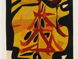 peinture abstraite jaune et noire représentant un tournesol sur fond blanc