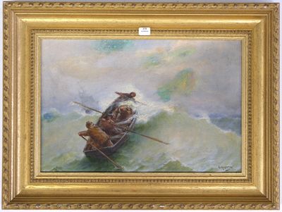 tableau représentant deux hommes dans une barque sur une grosse vague