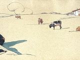 a painting of a man sitting in the snow with cows