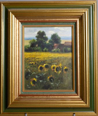une peinture à l'huile représentant un champ de tournesols avec une grange en arrière-plan