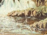 a picture of a painting of a waterfall in the woods