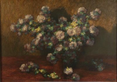 a painting of a vase of flowers on a table