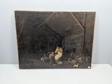 un vieux tableau représentant un homme et une femme assis dans une grange