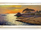 painting of a sunset over a body of water with a boat in the foreground
