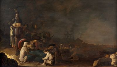 an image of a painting of a group of people sitting around a fire