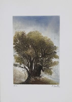 an image of a painting of a tree on a hill
