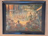 painting of a painting of a large crowd of people in a park