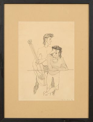 dessin représentant un homme et une femme assis sur un banc avec une guitare