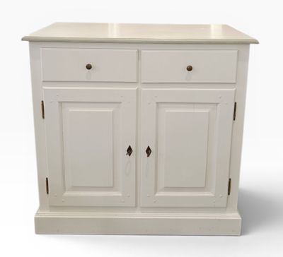 a close up of a white cabinet with two drawers and a sink