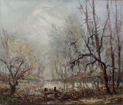 peinture d'un paysage avec une rivière et des arbres au premier plan