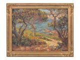 an oil painting on canvas of a landscape with trees and a body of water